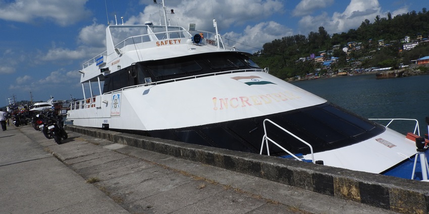 View of a ship at Port Blair in Andaman with the scenic background of the glistening waters