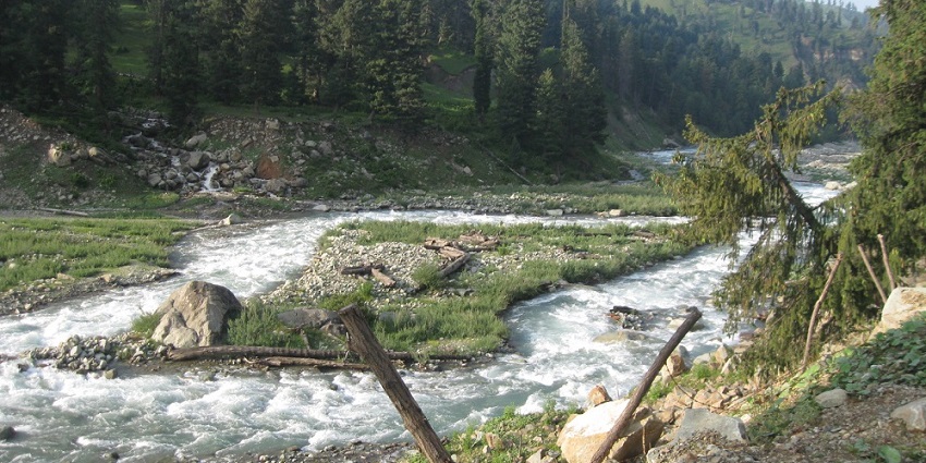 A scenic image of a cascading river stream in Shopian captured from the Mughal Road