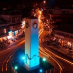 A night view of the tall clock tower in the middle of the Aberdeen Bazaar in Port Blair