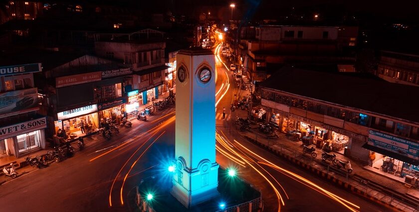 A night view of the tall clock tower in the middle of the Aberdeen Bazaar in Port Blair