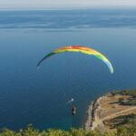 A view of a person paragliding with a colourful parachute flying over a body of water.