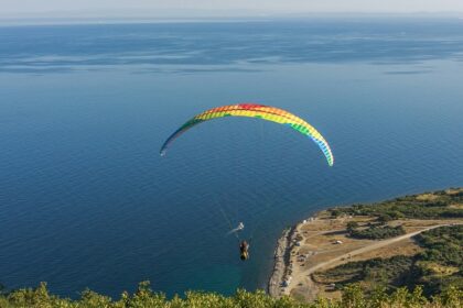 A view of a person paragliding with a colourful parachute flying over a body of water.