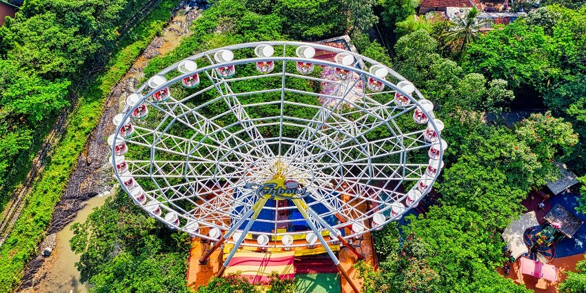 View of a white Ferris wheel, set against a vibrant cityscape - theme parks in kerala.