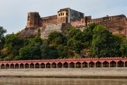 Magnificent view of red scintillating Akhnoor Fort of Jammu symbol of Valour