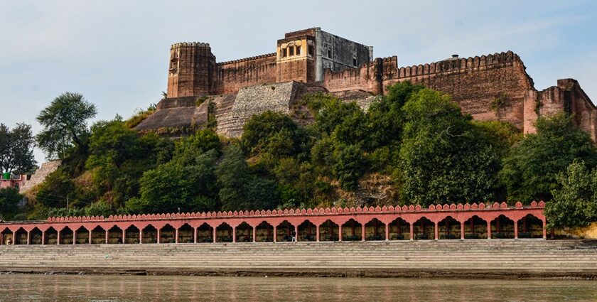 Magnificent view of red scintillating Akhnoor Fort of Jammu symbol of Valour