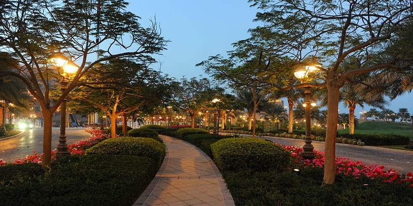 A park with lit street lamps in the evening
