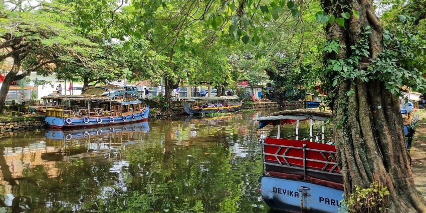 Tranquil backwater boats in a canal near Alleppey - Best places to visit in South Kerala