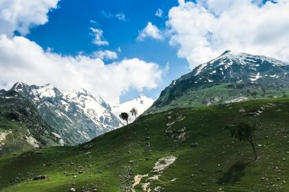 A breathtaking view of lush green grass near snow-covered mountains under dense clouds.