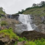 A mesmerising view of a waterfall in Kerala surrounded by lush greenery during the day.