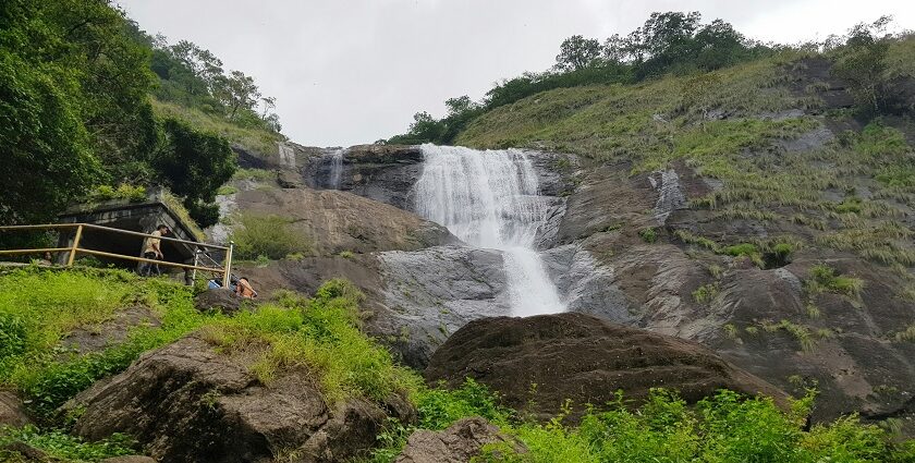 A mesmerising view of a waterfall in Kerala surrounded by lush greenery during the day.