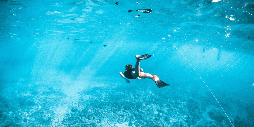 A scenic view of a snorkeler underwater enjoying the coral reefs and vibrant marine life