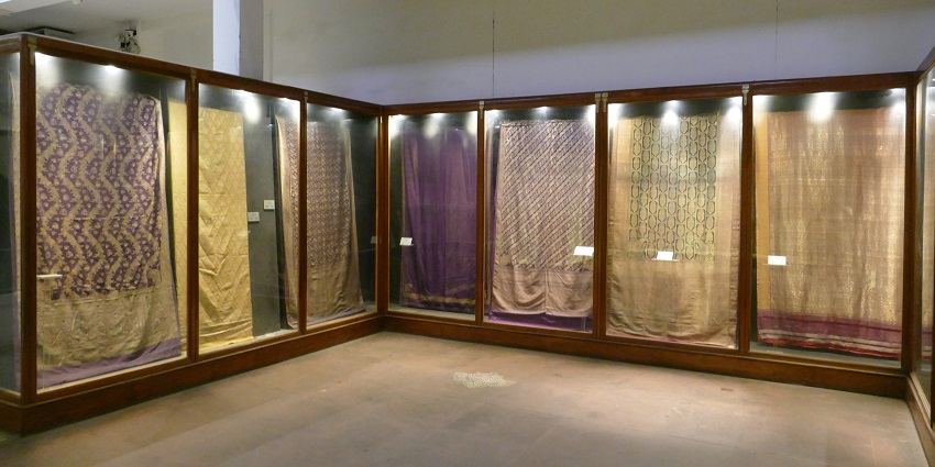 View of different ancient Indian textiles preserved in a state museum in Kolkata