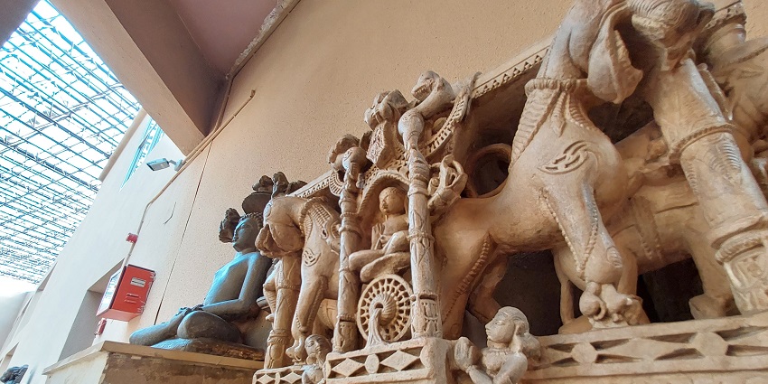 Intricately created rock sculpture, made by an ancient tribe, kept in a museum in India