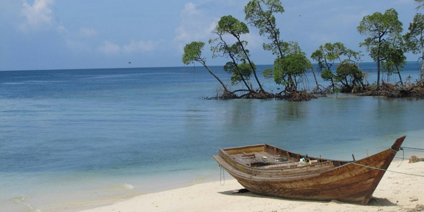 View of a boat on an island with turquoise waters and clear sky in the background