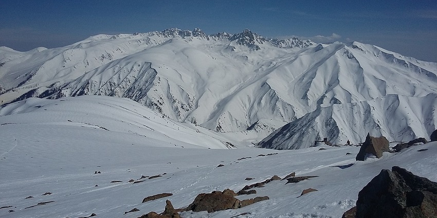 The dense snow-capped mountains of Apharwat near Vaishno Devi Temple in Kashmir.