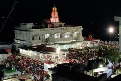 View of pilgrims resting at night outside Ardhkuwari Temple on the trek to Vaishno Devi Temple