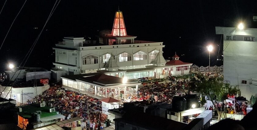 View of pilgrims resting at night outside Ardhkuwari Temple on the trek to Vaishno Devi Temple