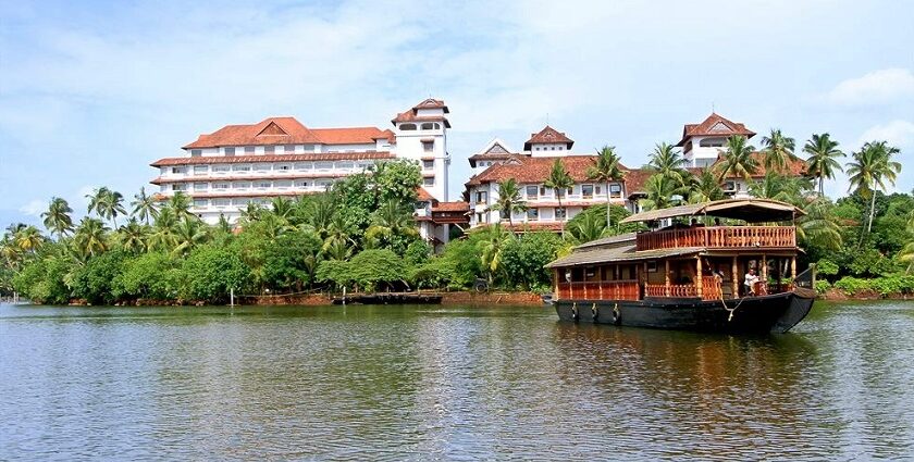 The shimmering waters of Ashtamudi lake are perfect to explore on a houseboat cruise