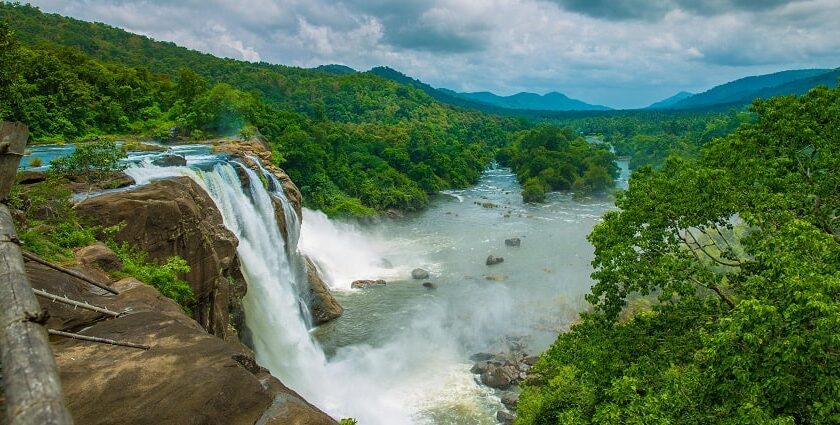 Panoramic view of Athirapally falls, one of the most popular places to visit in Thrissur