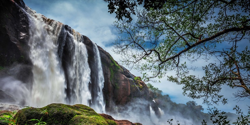 Beautiful views of the Athirappilly Falls near Thiruvambadi Temple in Thrissur, Kerala