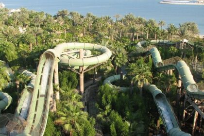 Aerial view of water sledge of Atlantis waterpark Dubai - Best theme parks in Dubai