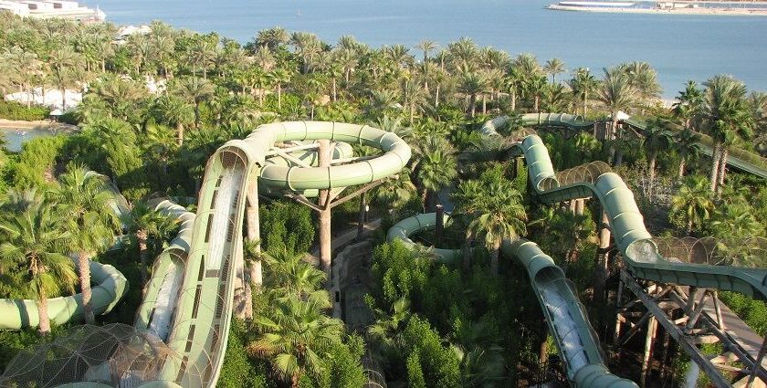 Aerial view of water sledge of Atlantis waterpark Dubai - Best theme parks in Dubai