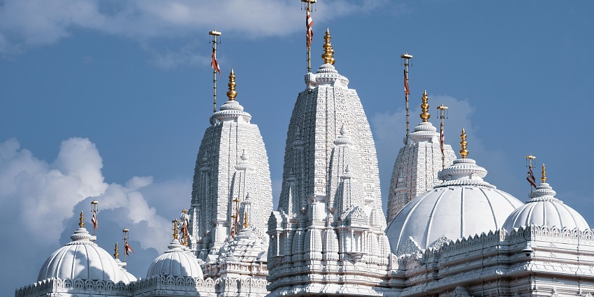 Beautiful architecture of the BAPS Hindu Mandir, one of the temples in Abu Dhabi, UAE.