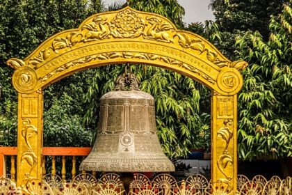 The view of the giant bell of a Hindu temple in Abu Dhabi, a must-visit temple in UAE.