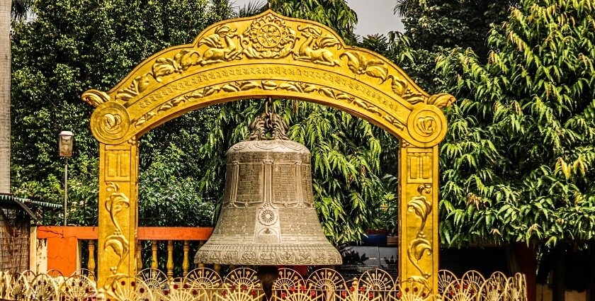 The view of the giant bell of a Hindu temple in Abu Dhabi, a must-visit temple in UAE.