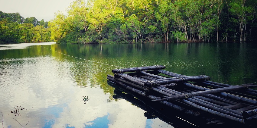 Bamboo boat floating on water amidst lush green surroundings - water sports in Kerala