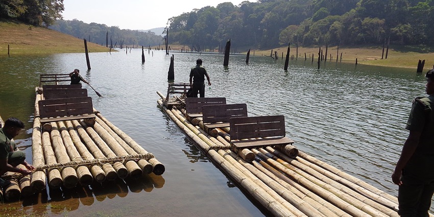 Bamboo rafting can be an adventurous option while exploring the places to visit in Thekkady.