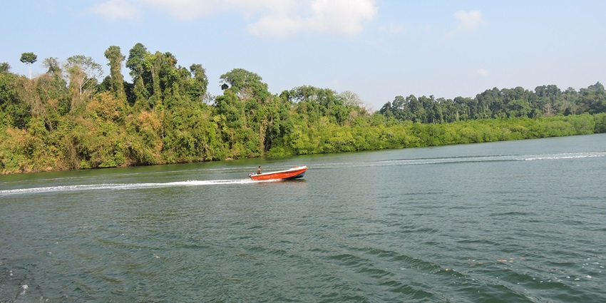 The blue water of Baratang Island with a boat passing through and trees in the background.
