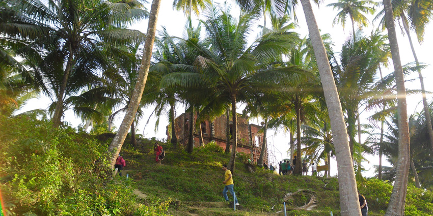 A lush green hill with tall palm trees and an archaic building far off in sight.