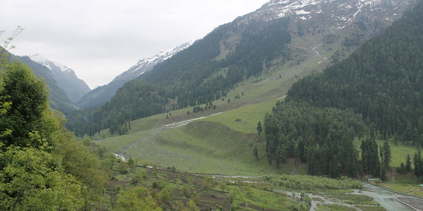 A picture of the scenic Betaab valley in Kashmir taken from the top of a nearby mountain