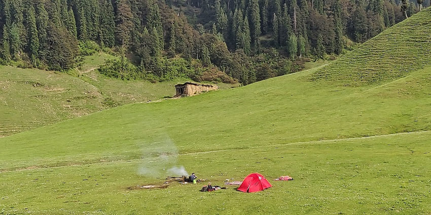 Expansive green meadows and gentle slopes of Bhal Padri in Bhalessa, Jammu and Kashmir