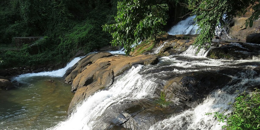 Aruvikkuzhi Waterfall cascading over rocks, surrounded by dense, lush vegetation.