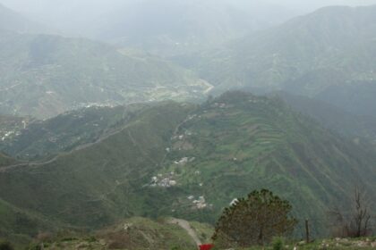 Aerial view of the Small city of Chail amidst the lush green forest surrounding the city