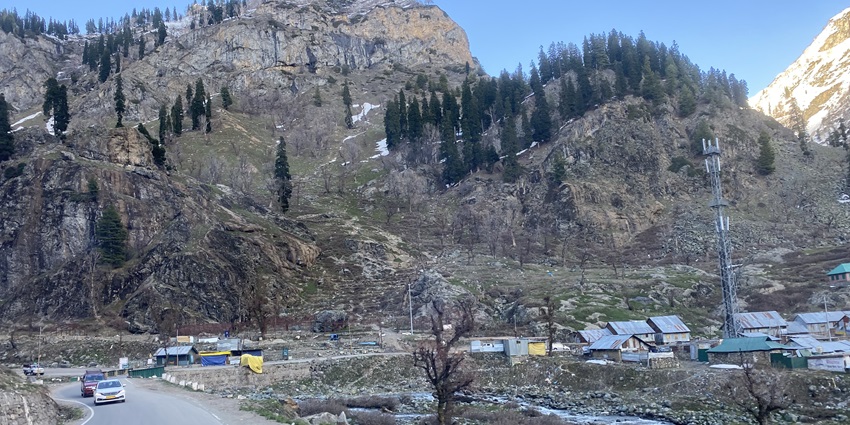 A picture of a rocky mountain taken from a road in Jammu & Kashmir’s Chandanwari region