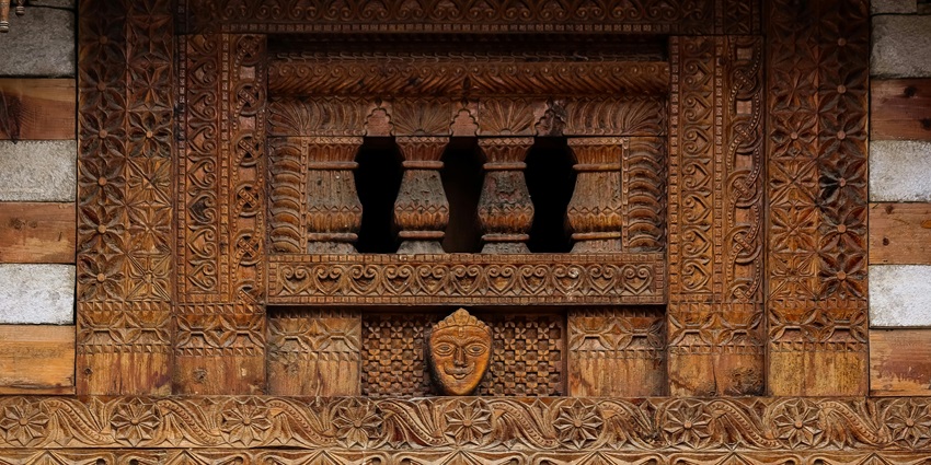 Close up view of the intricate carvings on the Charan pauka in the Vaishno devi mandir