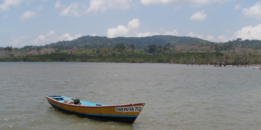 A picture of a boat in a water body with views of a lush green island in the background