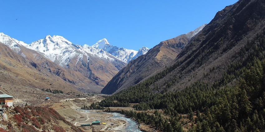 Scenic mountain valley of Chitkul, evergreen trees, and snow-capped peaks under a blue sky