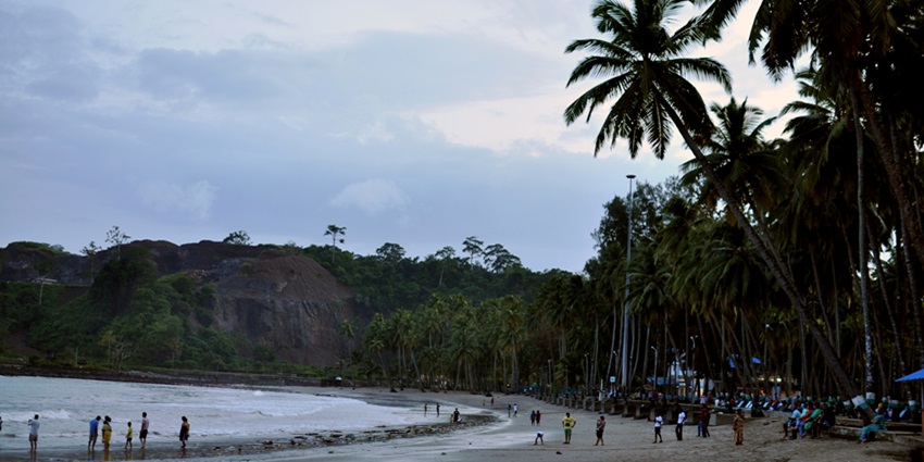 Fringed by coconut palms, Corbyn’s Cove Beach is one of the places for snorkelling in Port Blair