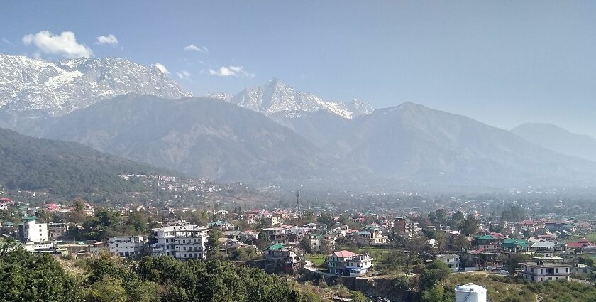 View of Dharamshala, one of the places to visit in July with the backdrop of snow-capped hills