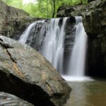 An enchanting view of majestic waterfalls surrounded by lush green tall trees and rocks.