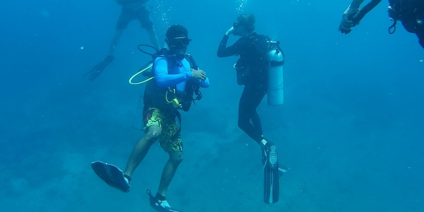 A group of divers at Havelock Island enjoy the underwater scenery and marine life