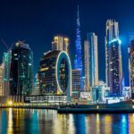 View of the dazzling skyline and city lights of downtown Dubai at night is a scenic sight