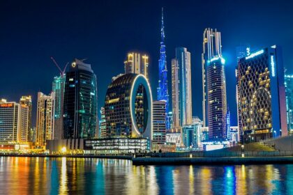 View of the dazzling skyline and city lights of downtown Dubai at night is a scenic sight