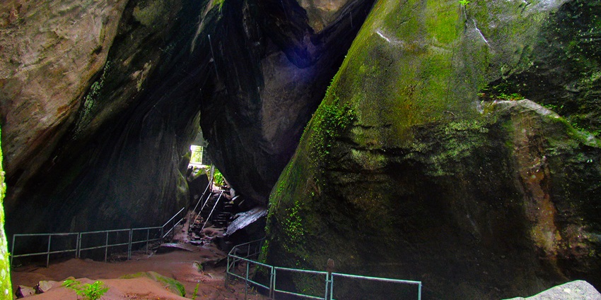 The interior view of Edakkal cave located in Wayanad and one of the caves in Kerala.