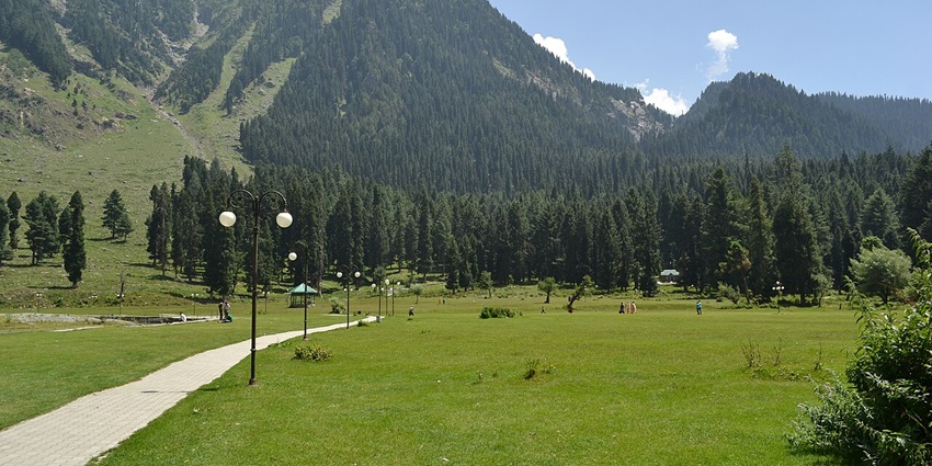 Scenic view of Betaab Valley with green meadows, tall trees, and surrounding mountains.