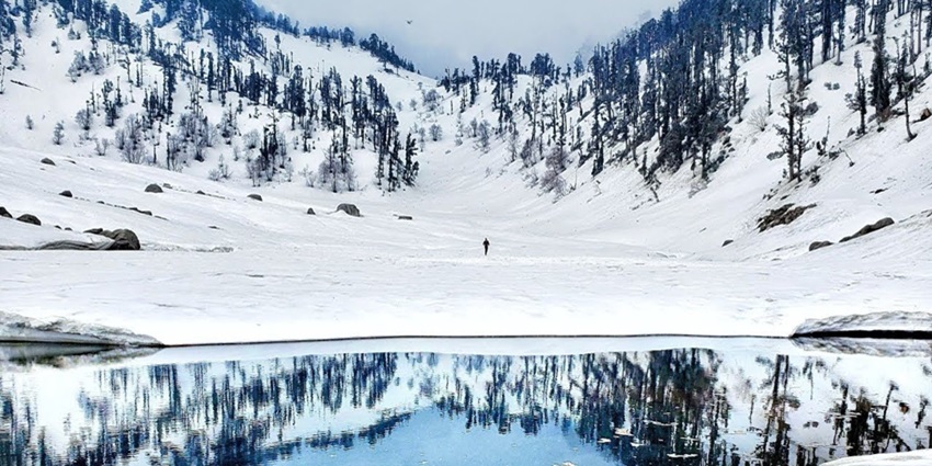 Frozen Lake surrounded by snow-covered landscapes - places to visit near Bagalamukhi Temple